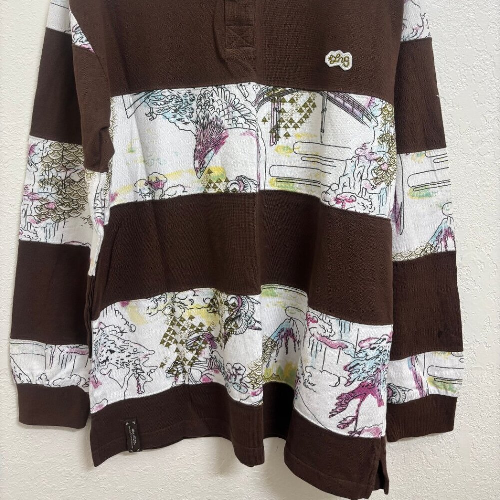 LRG Lifted Research Group Asian graphic polo ls Large brown NEW rare vintage - Picture 2 of 6